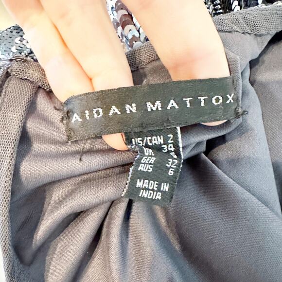 Aidan Mattox Striped Sequin Glitter Mini Cocktail Dress Blue Silver 2 - Picture 3 of 11